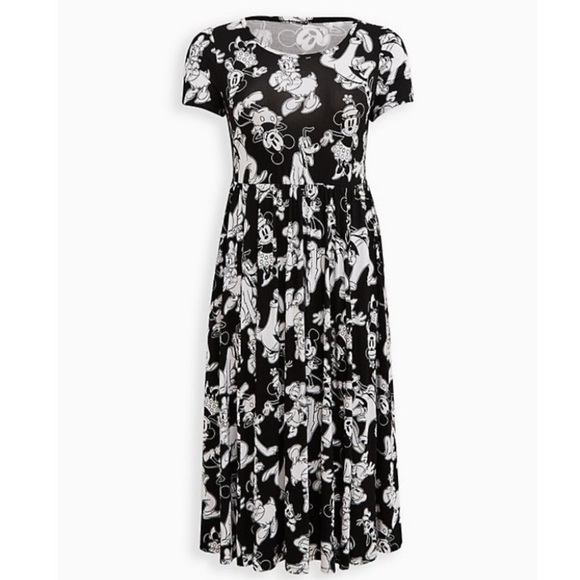 TORRID NWT DISNEY MICKEY & FRIENDS MIDI FIT & FLARE SKATER DRESS - BLACK MULTI - Picture 4 of 5